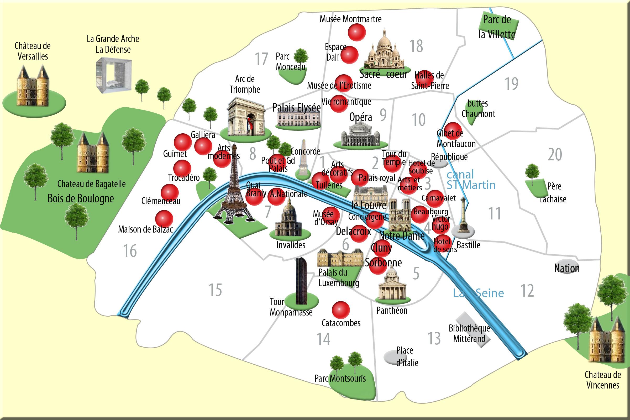 パリの遺跡地図-地図のパリの記念碑(フランス)