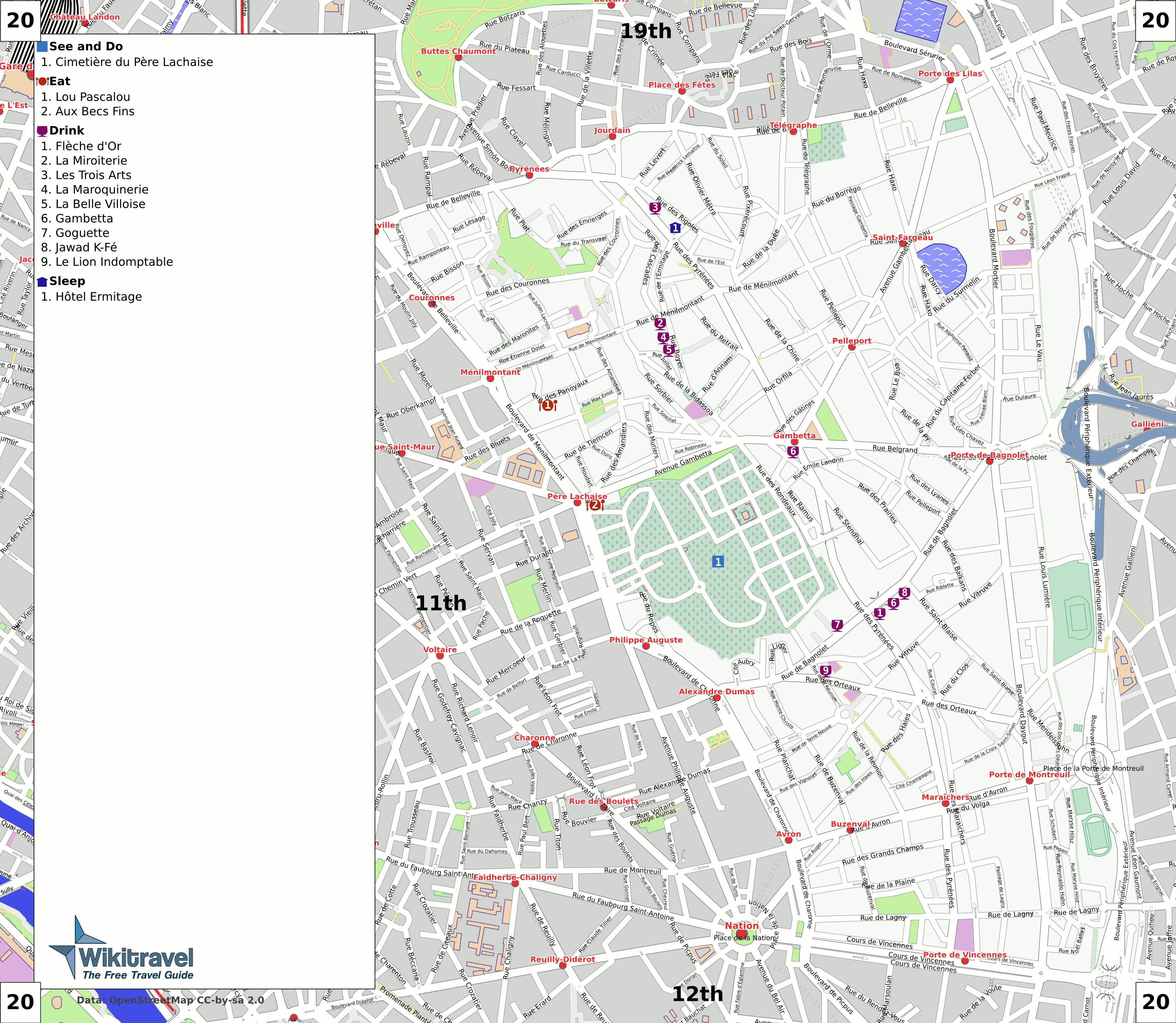 20区パリの地図-地図の20区のパリ(フランス)